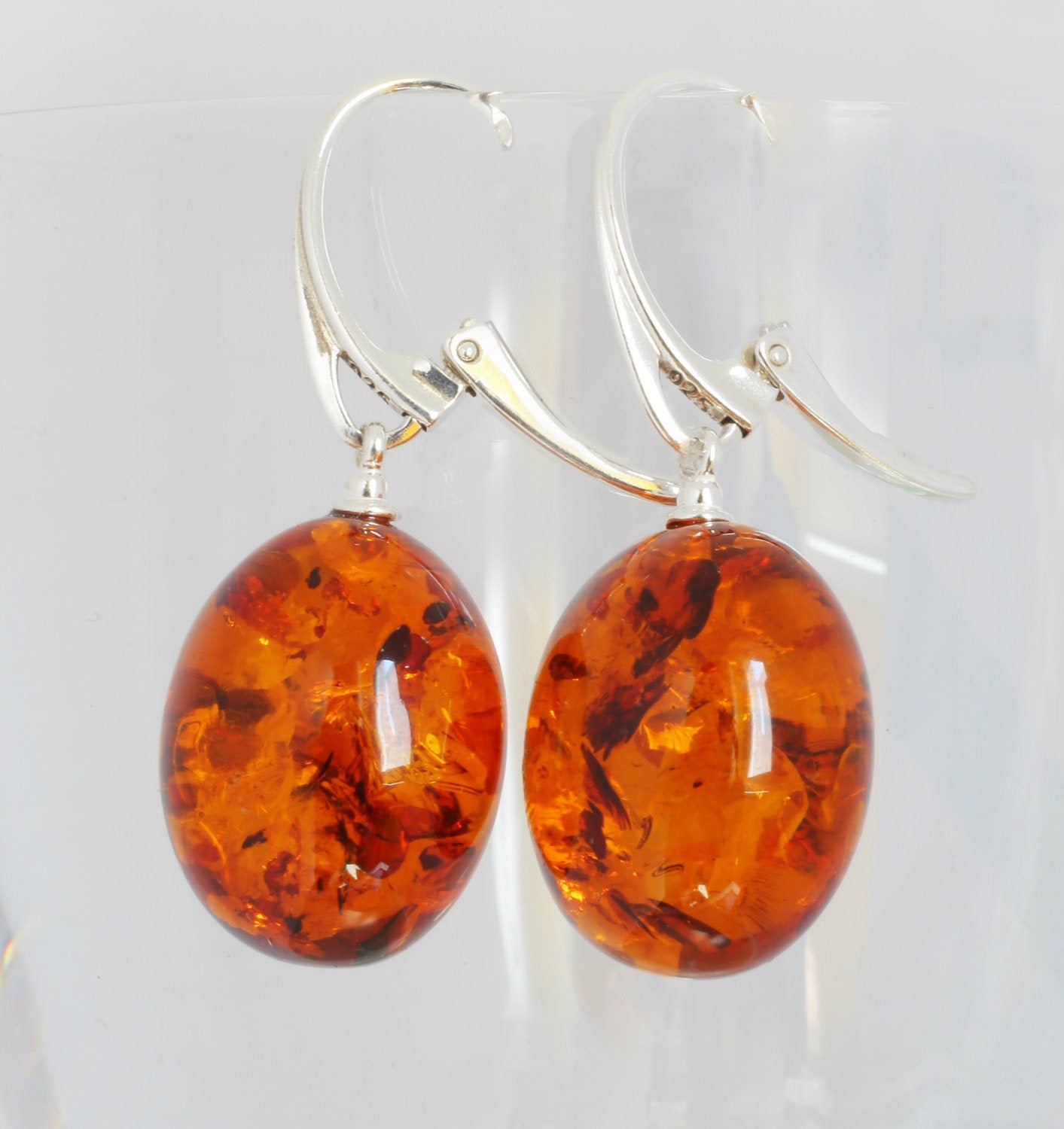 Baltic Amber Earrings Cognac Egg Shaped Natural Dangle 1.55" 6 gram 925 silver