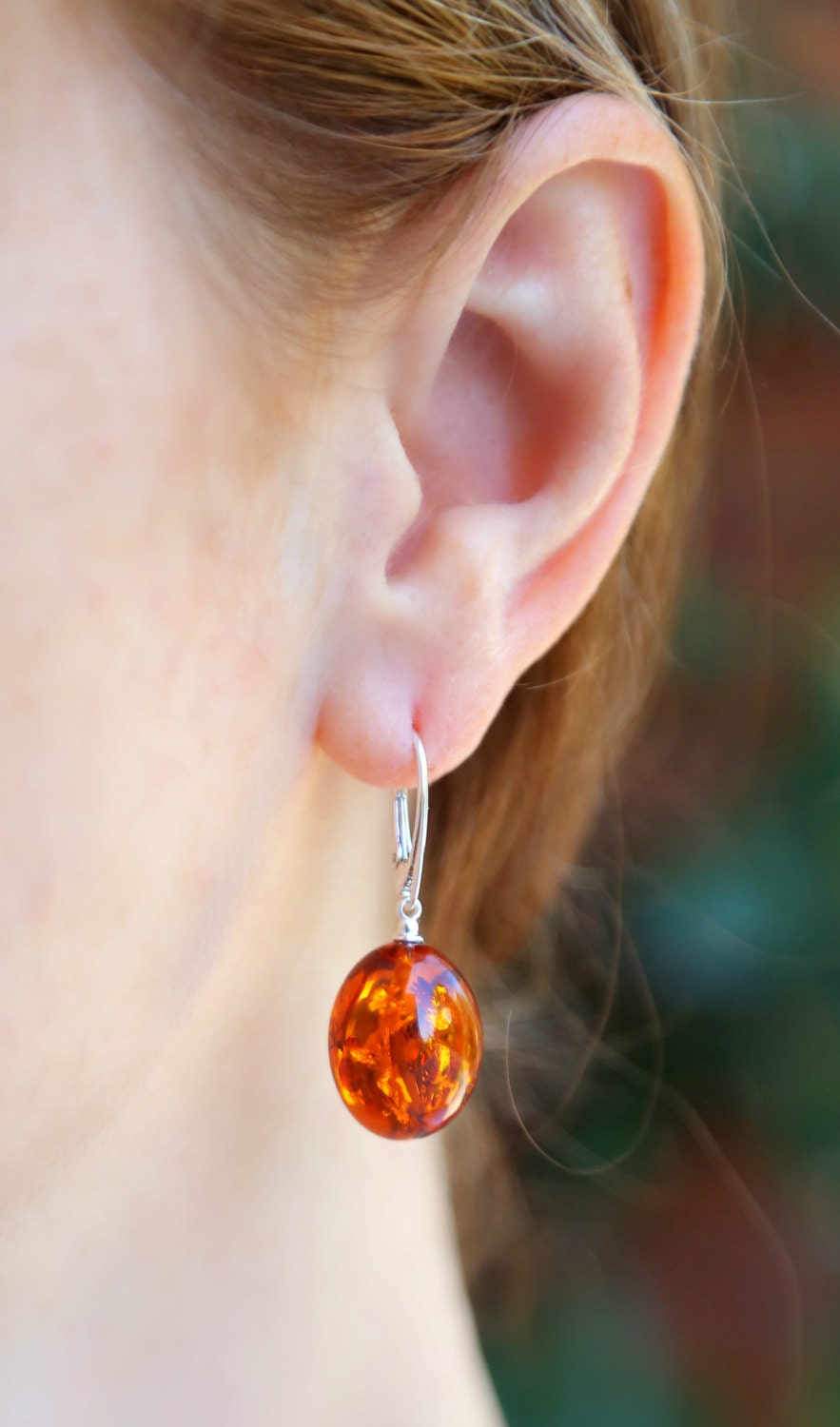 Baltic Amber Earrings Cognac Egg Shaped Natural Dangle 1.55" 6 gram 925 silver