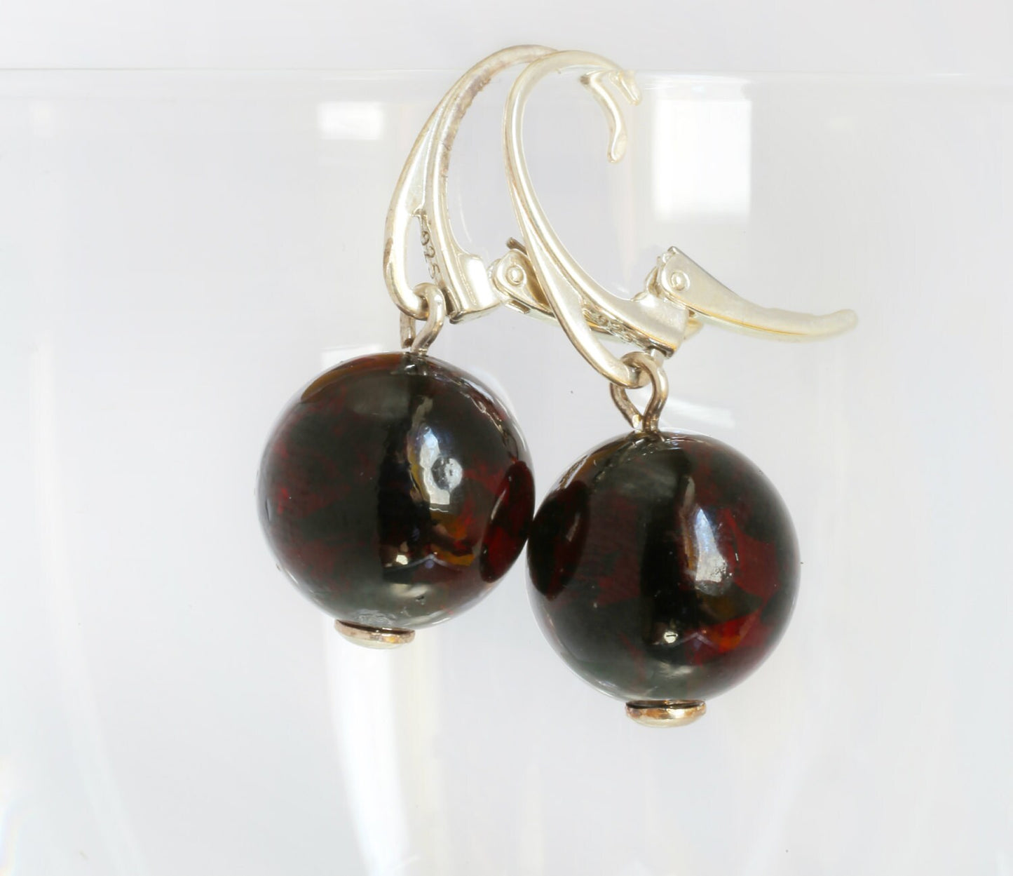 Baltic Amber Earrings Cherry Ball Dangling Natural Jewelry 1.3" 13 mm 925 Silver