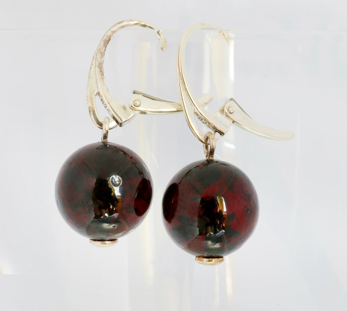 Baltic Amber Earrings Cherry Ball Dangling Natural Jewelry 1.3" 13 mm 925 Silver