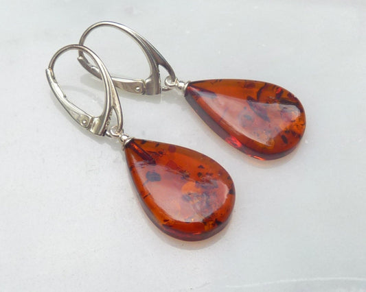 Baltic Amber Earrings Cognac Drops Natural Sparkling Jewelry 1.6" 3.4 gram 925 Silver