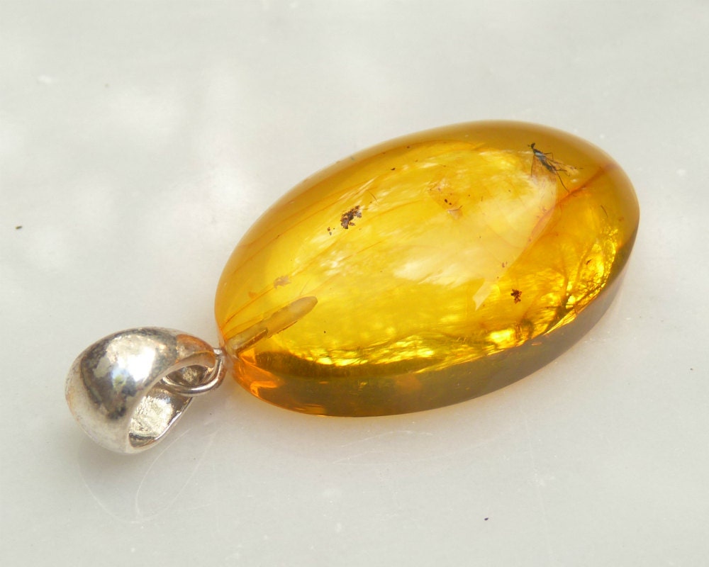 Baltic Amber Pendant with Fossil Insect Fly Oval Natural Untreated Honey 1.8" 6.2 gram 925 Silver