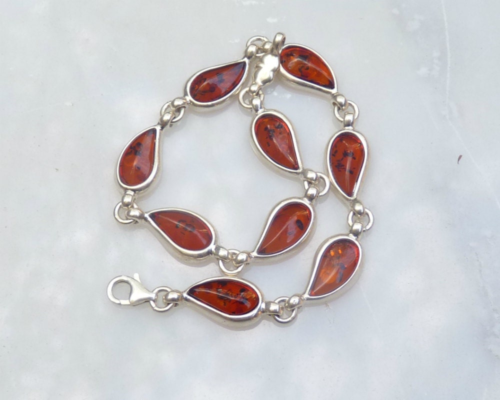 Baltic Amber Bracelet Chain Cognac Jewelry 7 3/4 inch 925 Silver