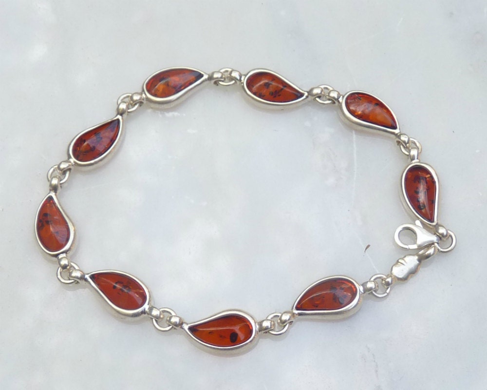 Baltic Amber Bracelet Chain Cognac Jewelry 7 3/4 inch 925 Silver