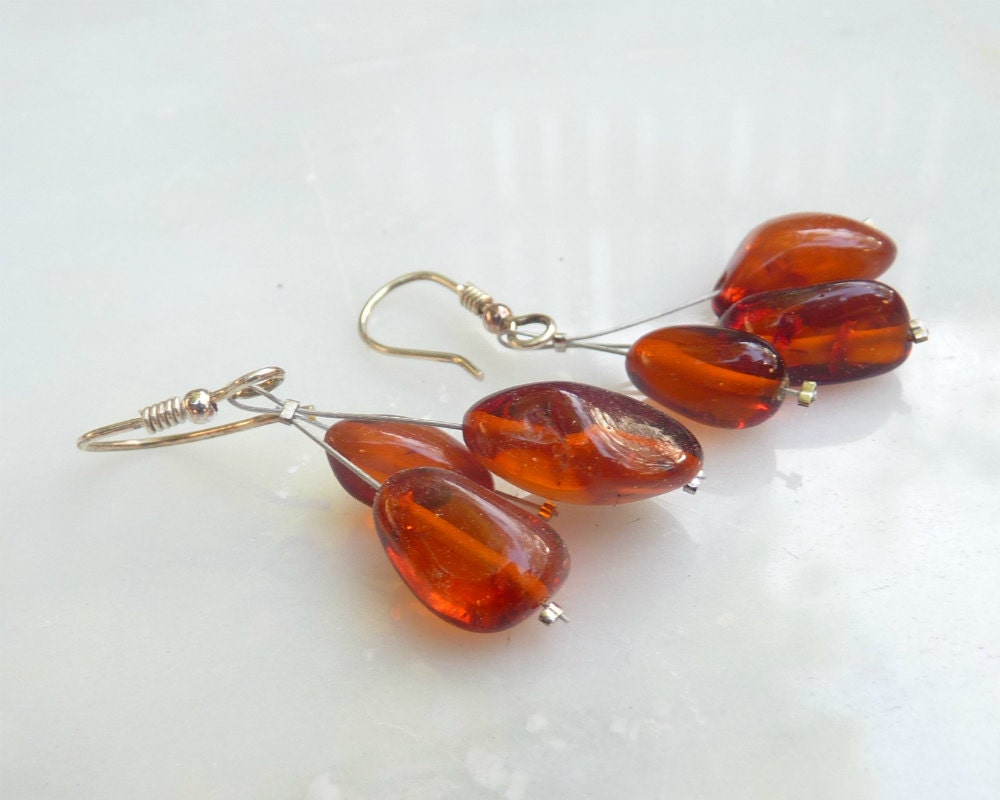 Baltic Amber Earrings Cognac Beads Natural Healing Jewelry 1.9" 925 silver