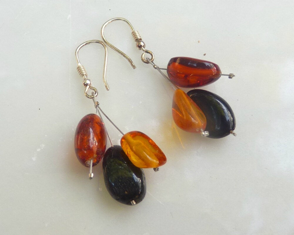 Baltic Amber Earrings Multicolor Dangle Three Stones Jewelry 1.6" 925 Silver