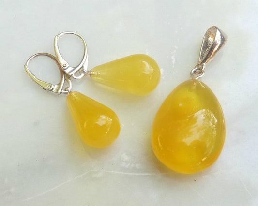 Baltic Amber Jewelry Set Yellow Cloudy Drop Pendant and Earrings Natural Untreated 8.1 gram 925 Silver