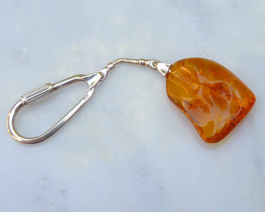 Baltic Amber Keychain Natural Honey with Fossil Insects 3.66" 8.5 gram 925 Silver