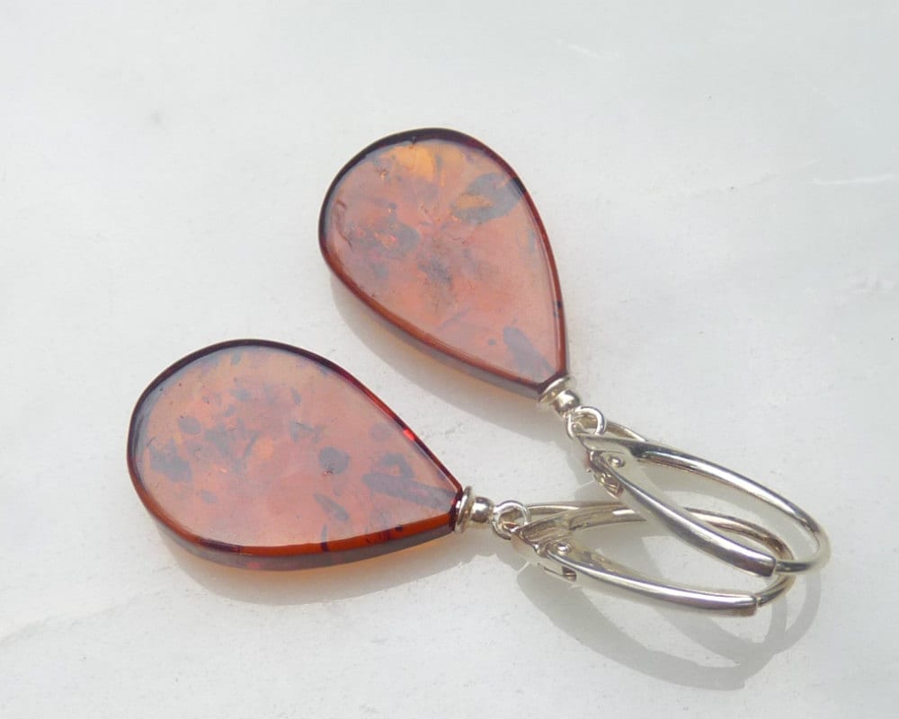 Baltic Amber Earrings Cognac Drops Natural Sparkling Jewelry 1.6" 3.4 gram 925 Silver