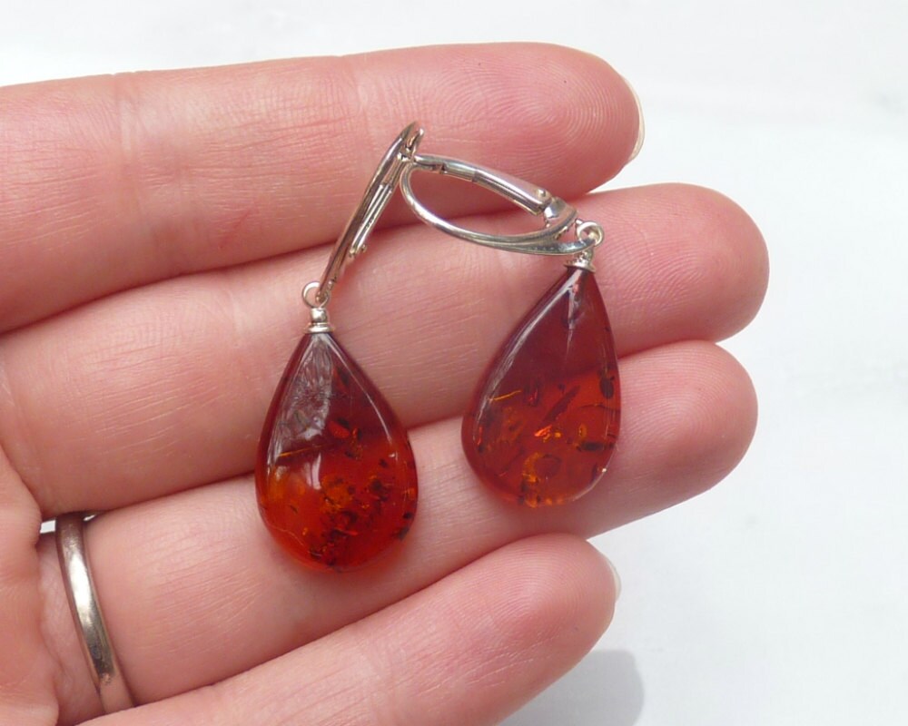 Baltic Amber Earrings Cognac Drops Natural Sparkling Jewelry 1.6" 3.4 gram 925 Silver