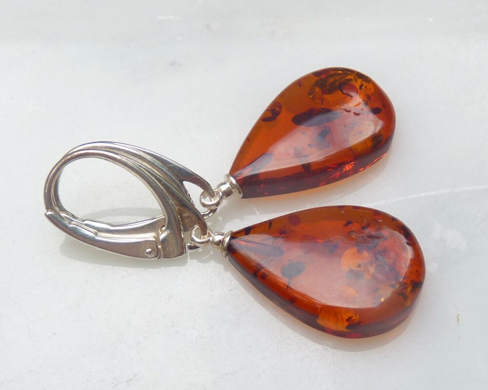 Baltic Amber Earrings Cognac Drops Natural Sparkling Jewelry 1.6" 3.4 gram 925 Silver