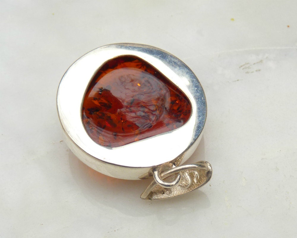 Baltic Amber Pendant Cognac Sparkling Round Unisex Jewelry 1.65" 10.3 gram 925 Silver