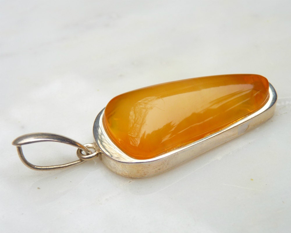 Baltic Amber Pendant Honey Cloudy Natural Untreated Unisex Jewelry 2.44" 12.7 gram 925 Silver