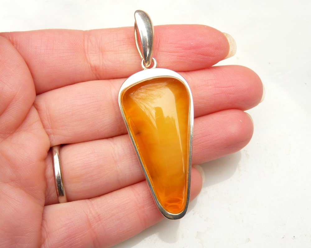 Baltic Amber Pendant Honey Cloudy Natural Untreated Unisex Jewelry 2.44" 12.7 gram 925 Silver