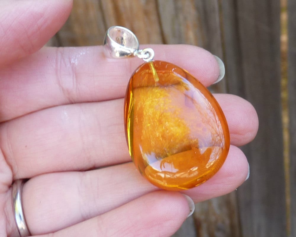 Baltic Amber Pendant Honey Drop Natural Untreated Jewelry 2" 7 gram 925 Silver