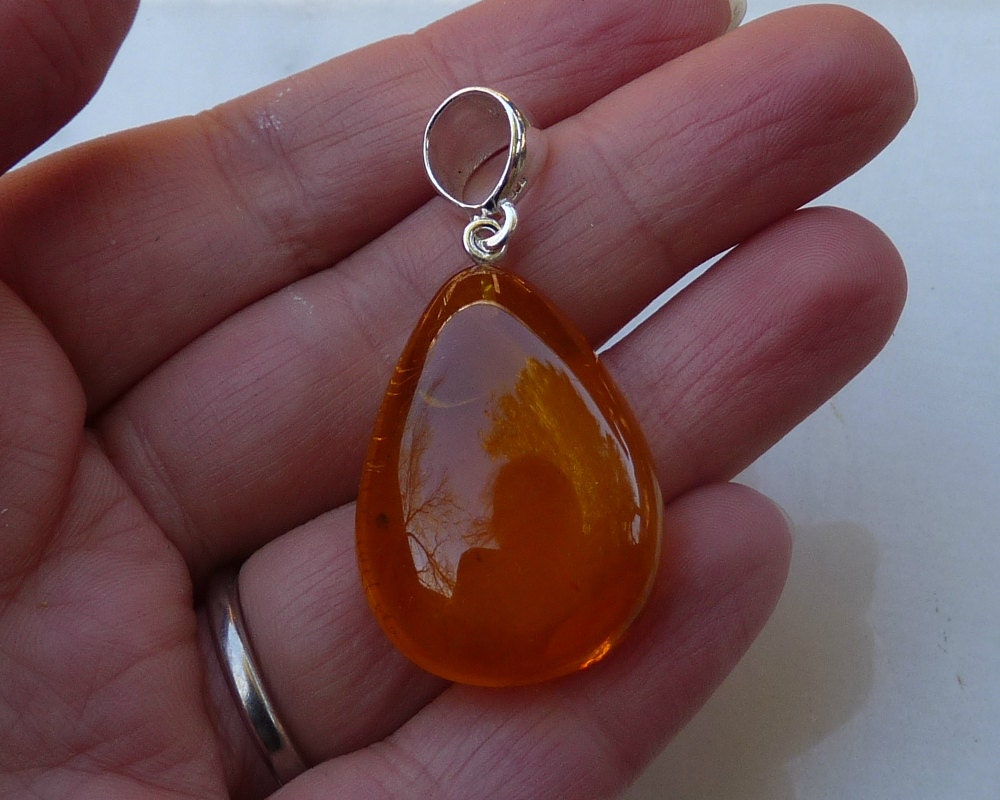 Baltic Amber Pendant Honey Drop Natural Untreated Unisex Jewelry 1.77" 5.9 gram 925 Silver