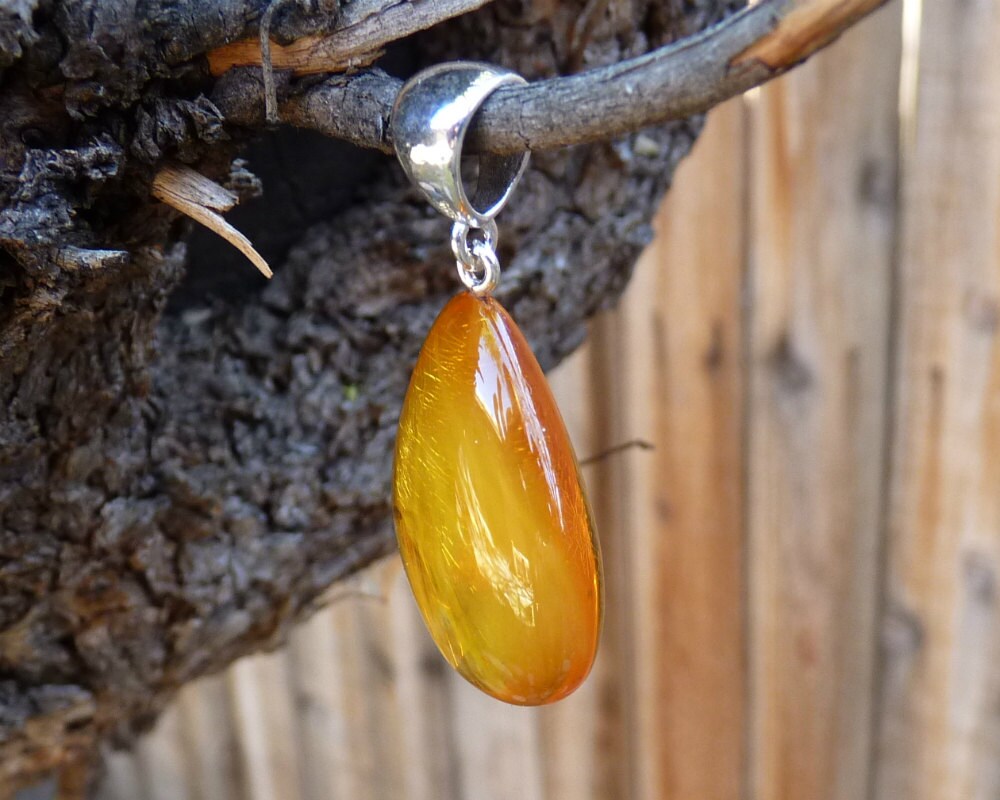 Baltic Amber Pendant Honey Drop Natural Untreated Unisex Jewelry 1.77" 5.9 gram 925 Silver