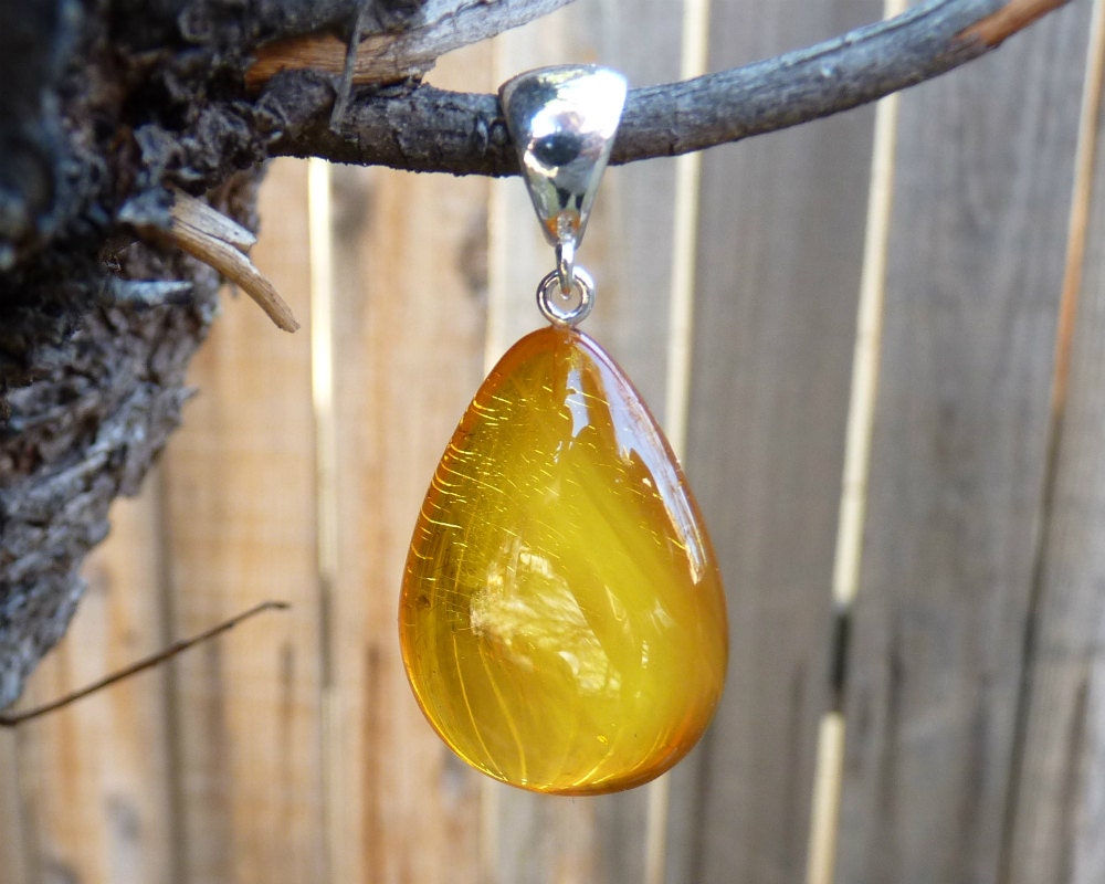 Baltic Amber Pendant Honey Drop Natural Untreated Unisex Jewelry 1.77" 5.9 gram 925 Silver