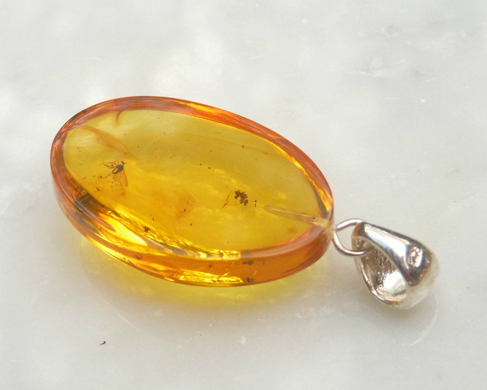 Baltic Amber Pendant with Fossil Insect Fly Oval Natural Untreated Honey 1.8" 6.2 gram 925 Silver