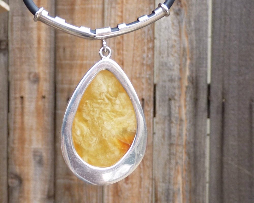 Baltic Amber Choker Necklace Butterscotch Drop on Cord Natural Untreated Pendant Cloudy 19.5" 28.7 gram 925 Silver