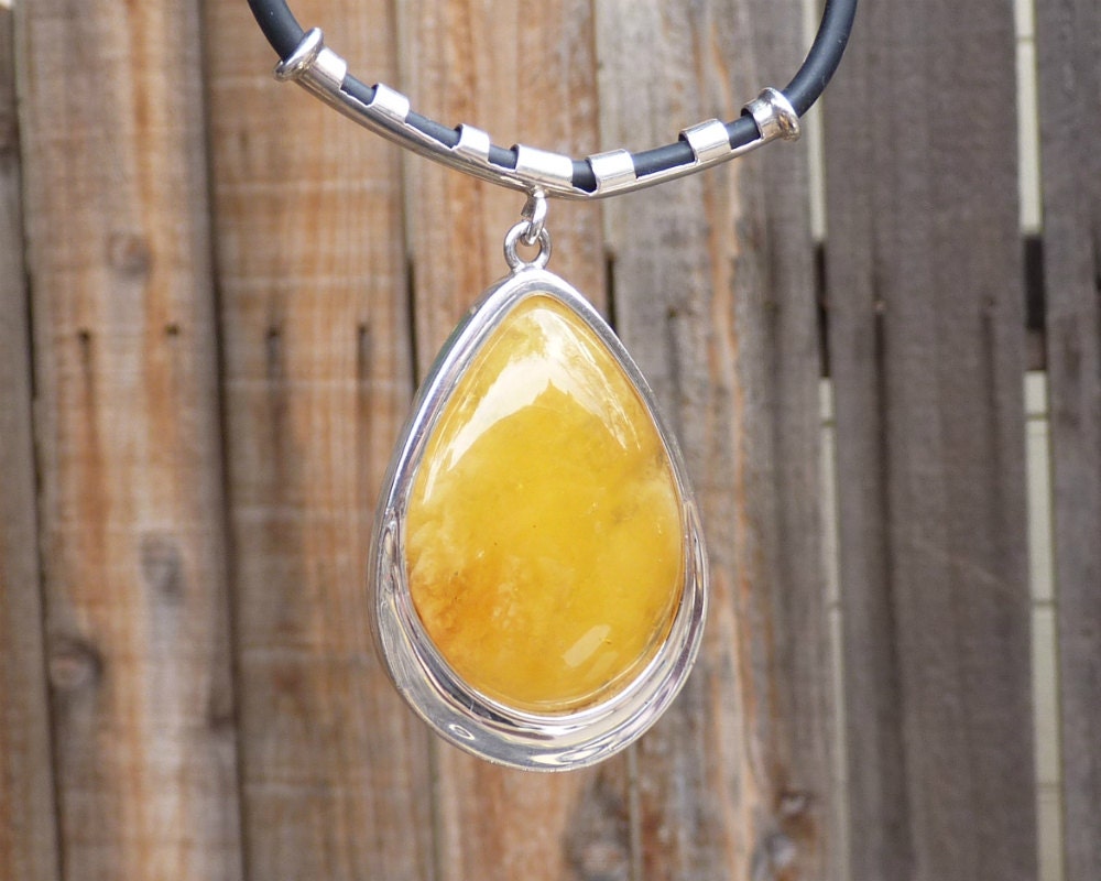 Baltic Amber Choker Necklace Butterscotch Drop on Cord Natural Untreated Pendant Cloudy 19.5" 28.7 gram 925 Silver