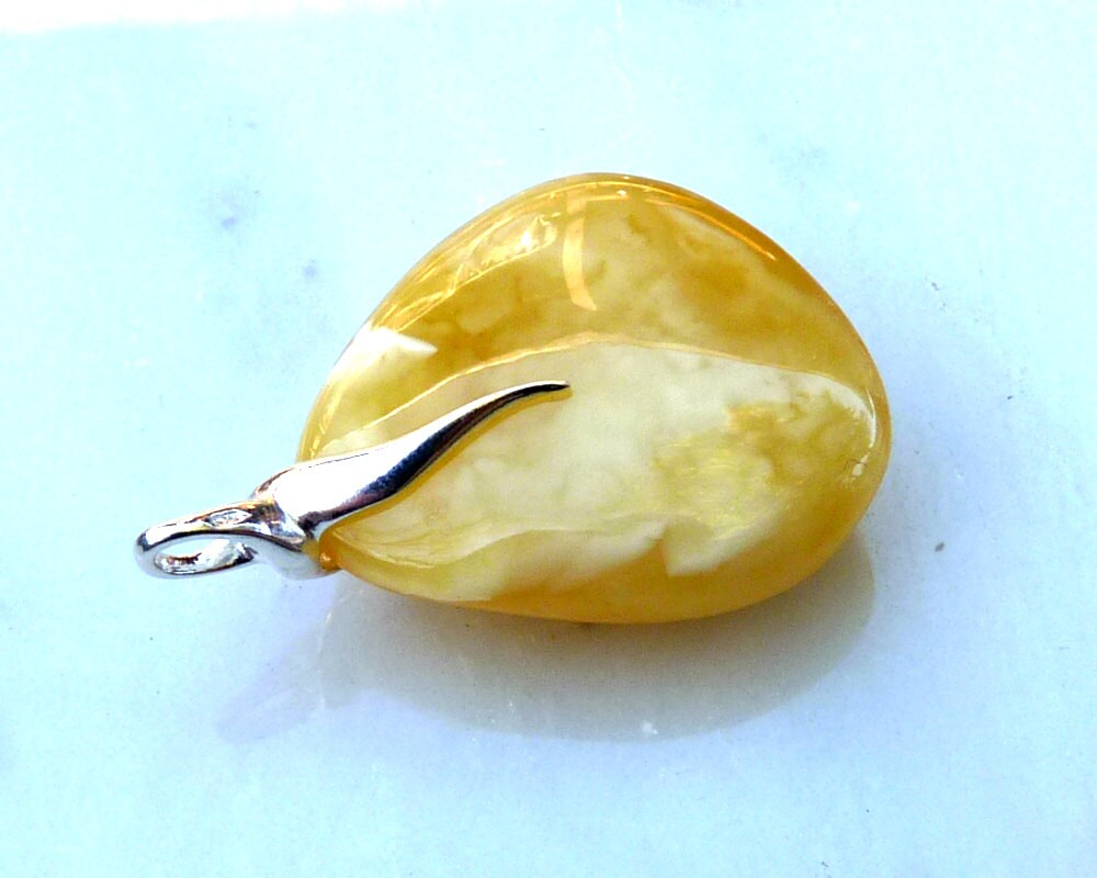 Baltic Amber Pendant Butterscotch Yellow Milky Natural Untreated Jewelry 1.54" 8.1 gram 925 Silver