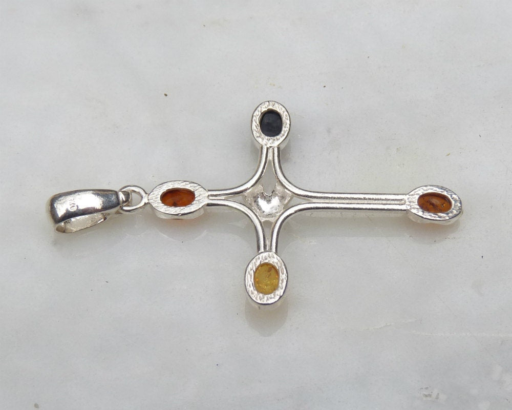 Baltic Amber Cross Pendant Multicolor Natural Unisex 925 Silver 2.7 gram