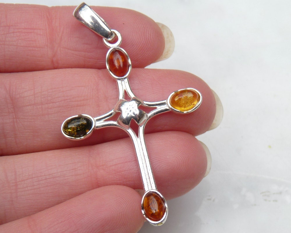 Baltic Amber Cross Pendant Multicolor Natural Unisex 925 Silver 2.7 gram