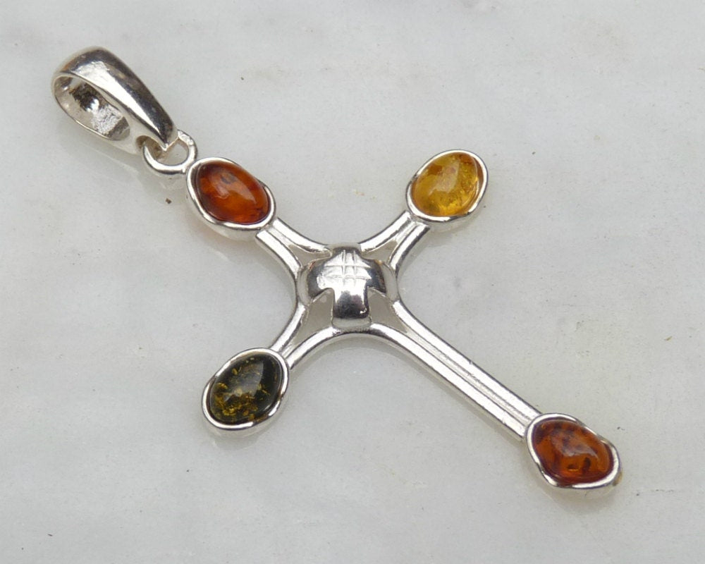 Baltic Amber Cross Pendant Multicolor Natural Unisex 925 Silver 2.7 gram