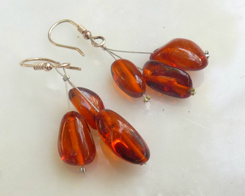 Baltic Amber Earrings Cognac Beads Natural Healing Jewelry 1.9" 925 silver