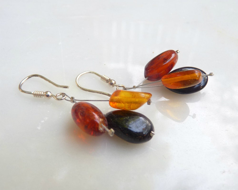 Baltic Amber Earrings Multicolor Dangle Three Stones Jewelry 1.6" 925 Silver