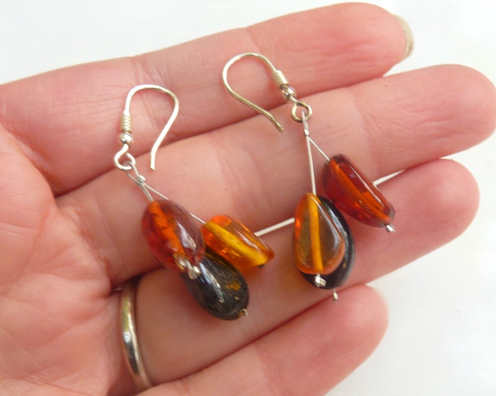 Baltic Amber Earrings Multicolor Dangle Three Stones Jewelry 1.6" 925 Silver