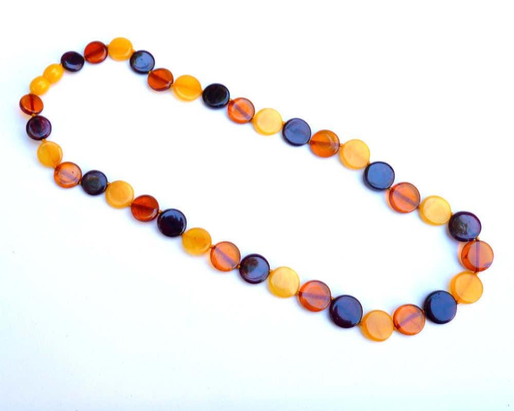 Baltic Amber Necklace Multicolor Coin Beads Jewelry Unisex Natural 18.3" 13.9 gram