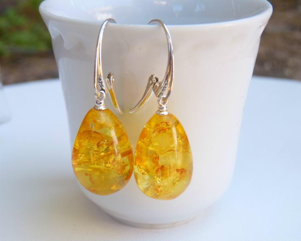 Baltic Amber Earrings Yellow Drop Lemon Sparkling Dangling Natural 1.65" 925 Silver