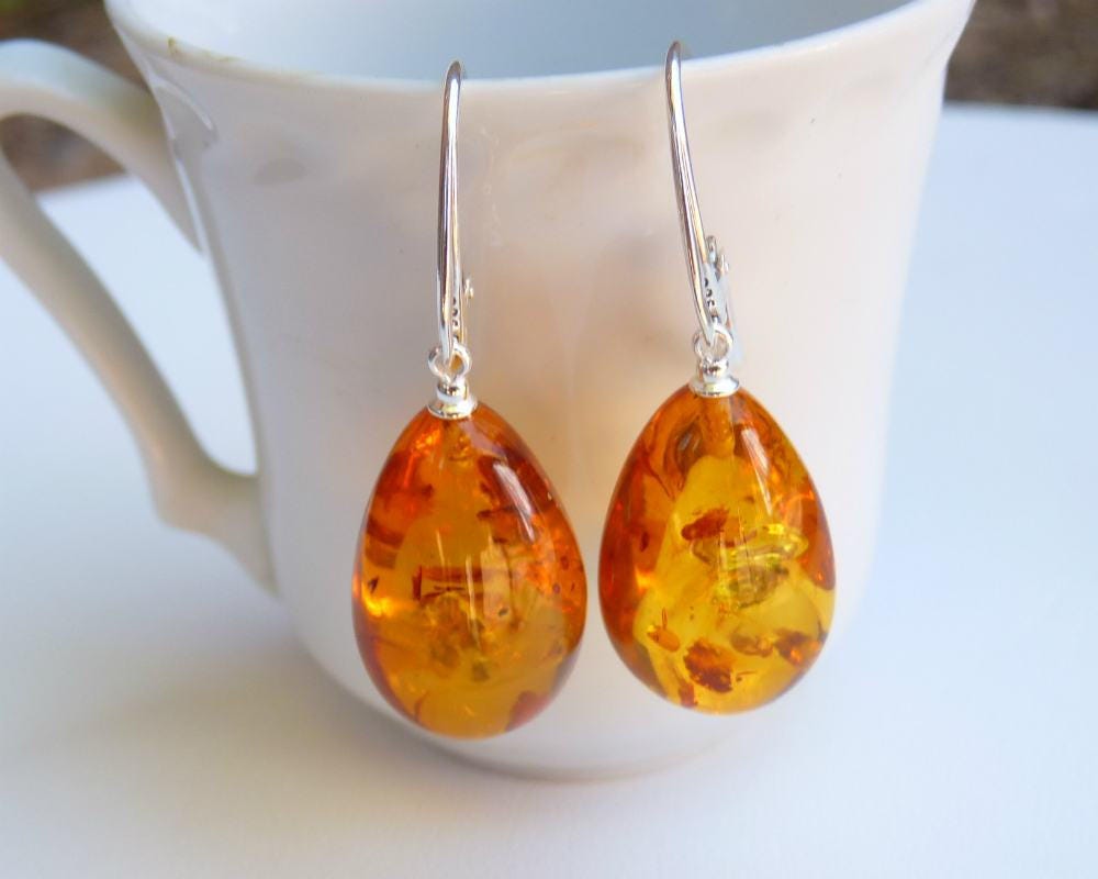 Baltic Amber Earrings Honey Drop Natural Sparkling Natural 1.61" 5.6 gram 925 Silver