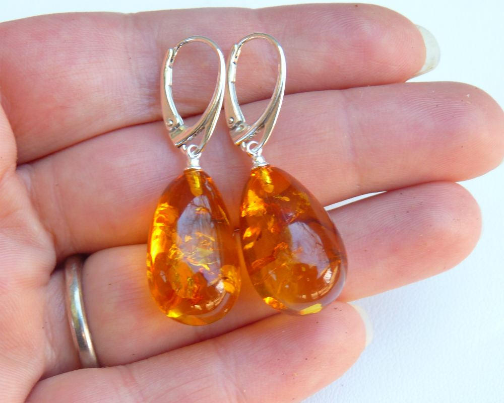 Baltic Amber Earrings Honey Drop Natural Sparkling Natural 1.61" 5.6 gram 925 Silver