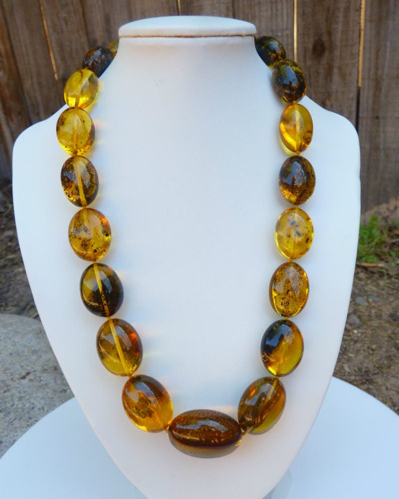 Baltic Amber Necklace with Inclusions Olive Beads Natural Raw Untreated Yellow Jewelry 20″ 65 gram