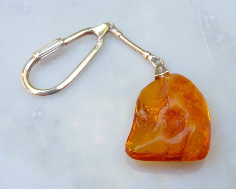 Baltic Amber Keychain Natural Honey with Fossil Insects 3.66" 8.5 gram 925 Silver