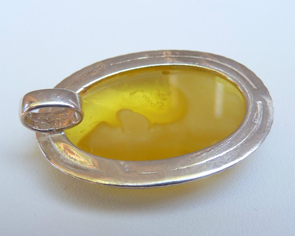 Baltic Amber Pendant Cameo Yellow Lemon Cloudy Oval Natural Untreated 1.55" 12.3 gram 925 silver