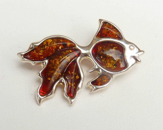 Baltic Amber Fish Pin Brooch Cognac Sparkling Natural Jewelry 925 silver