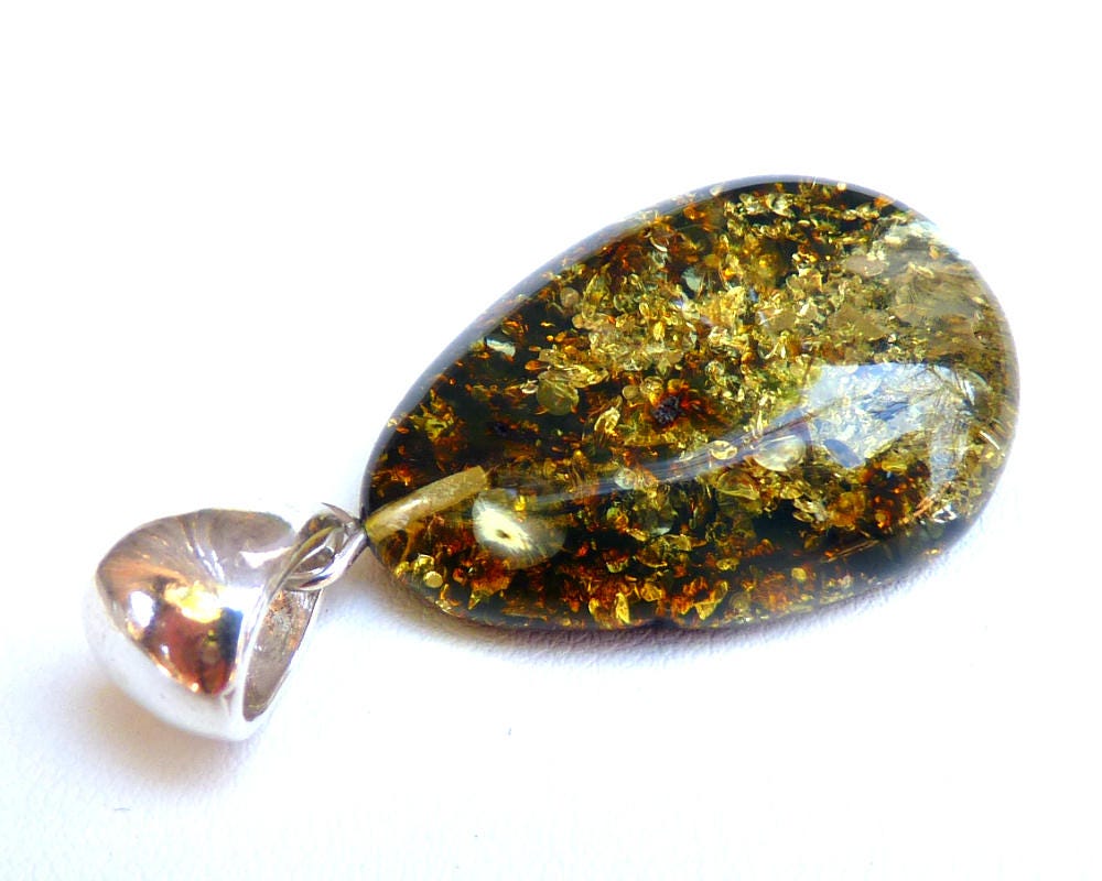 Baltic Amber Green Drop Pendant Sparkling Unisex 1.76" 5.5 gram 925 Silver