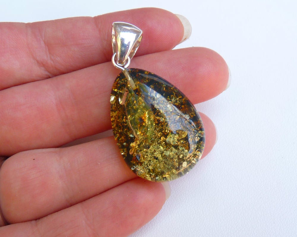 Baltic Amber Green Drop Pendant Sparkling Unisex 1.76" 5.5 gram 925 Silver