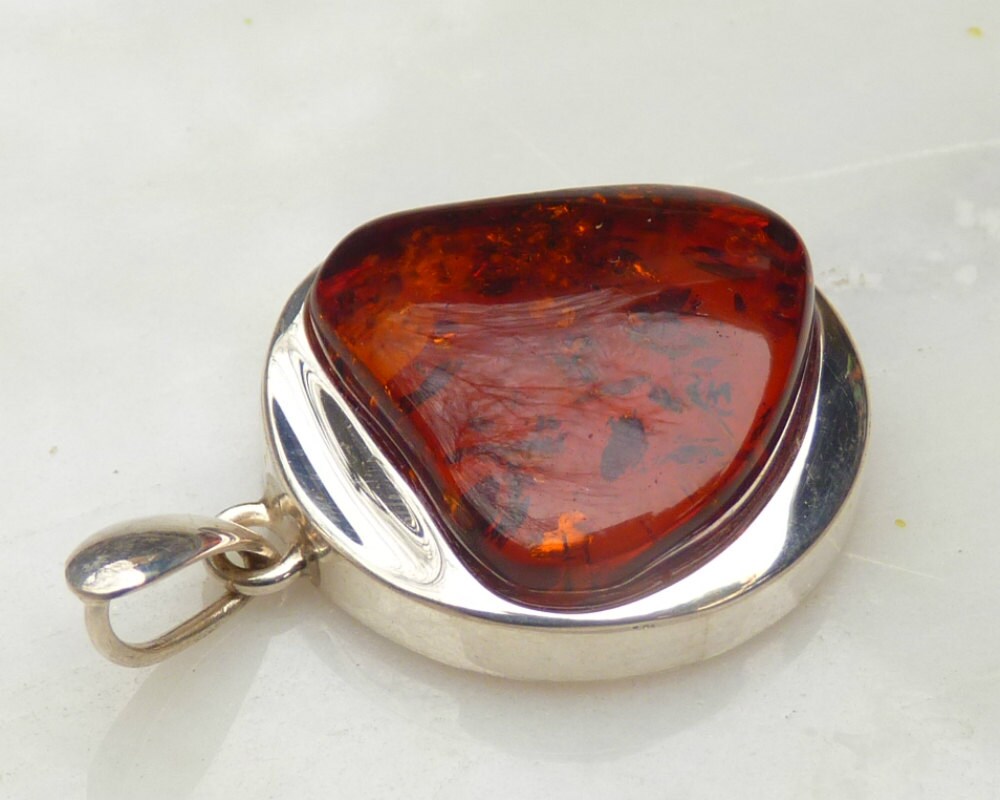 Baltic Amber Pendant Cognac Sparkling Round Unisex Jewelry 1.65" 10.3 gram 925 Silver