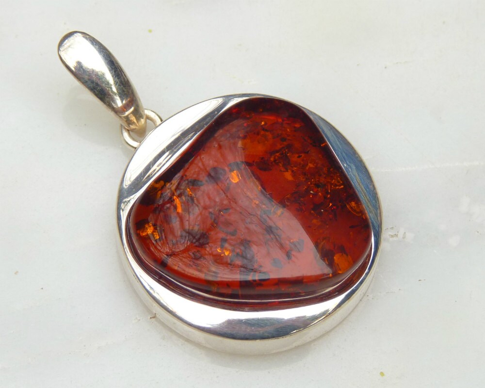 Baltic Amber Pendant Cognac Sparkling Round Unisex Jewelry 1.65" 10.3 gram 925 Silver