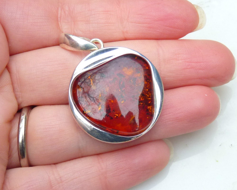 Baltic Amber Pendant Cognac Sparkling Round Unisex Jewelry 1.65" 10.3 gram 925 Silver