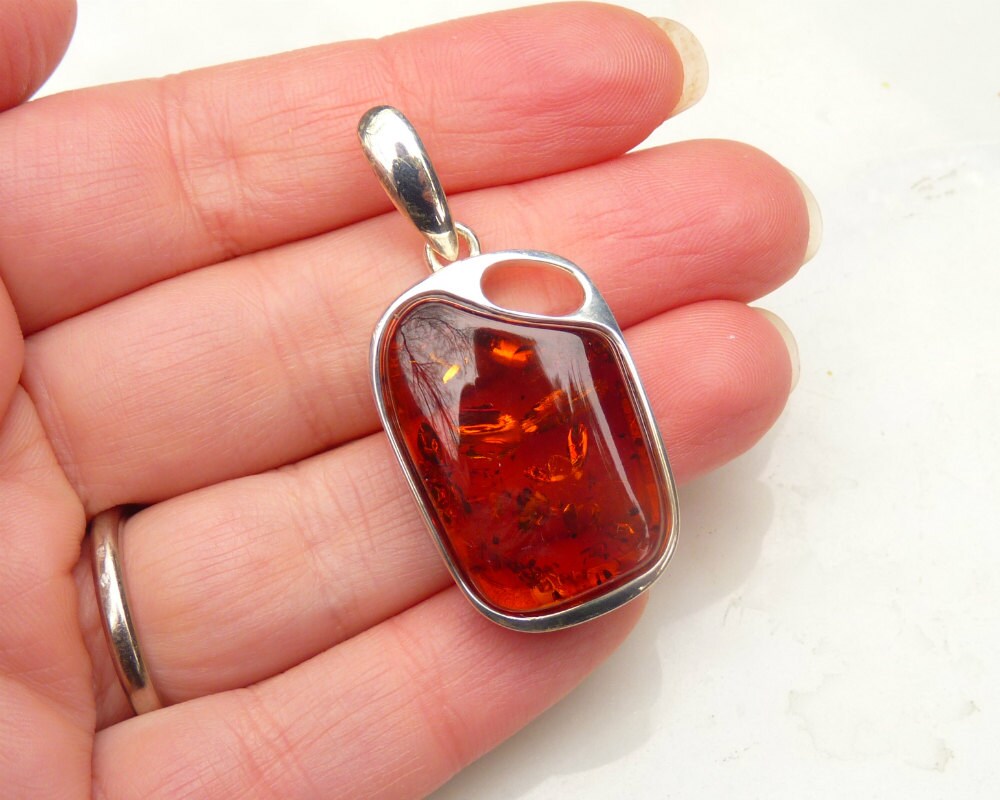 Baltic Amber Jewelry Pendant Cognac Sparkling Unisex1.8" 11 gram 925 silver