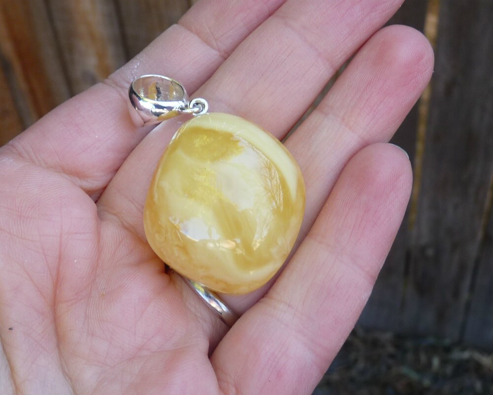 Baltic Amber Pendant Butterscotch Natural Untreated Jewelry 1.9" 7.5 gram 925 Silver