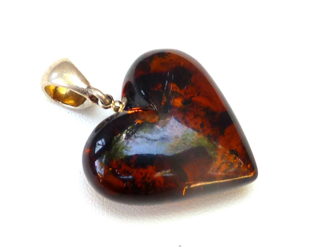 Baltic Amber Heart Pendant Cognac With Inclusions Natural 1.48" 5.5 gram 925 Silver