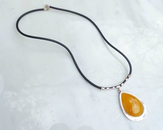 Baltic Amber Choker Necklace Butterscotch Drop on Cord Natural Untreated Pendant Cloudy 19.5" 28.7 gram 925 Silver