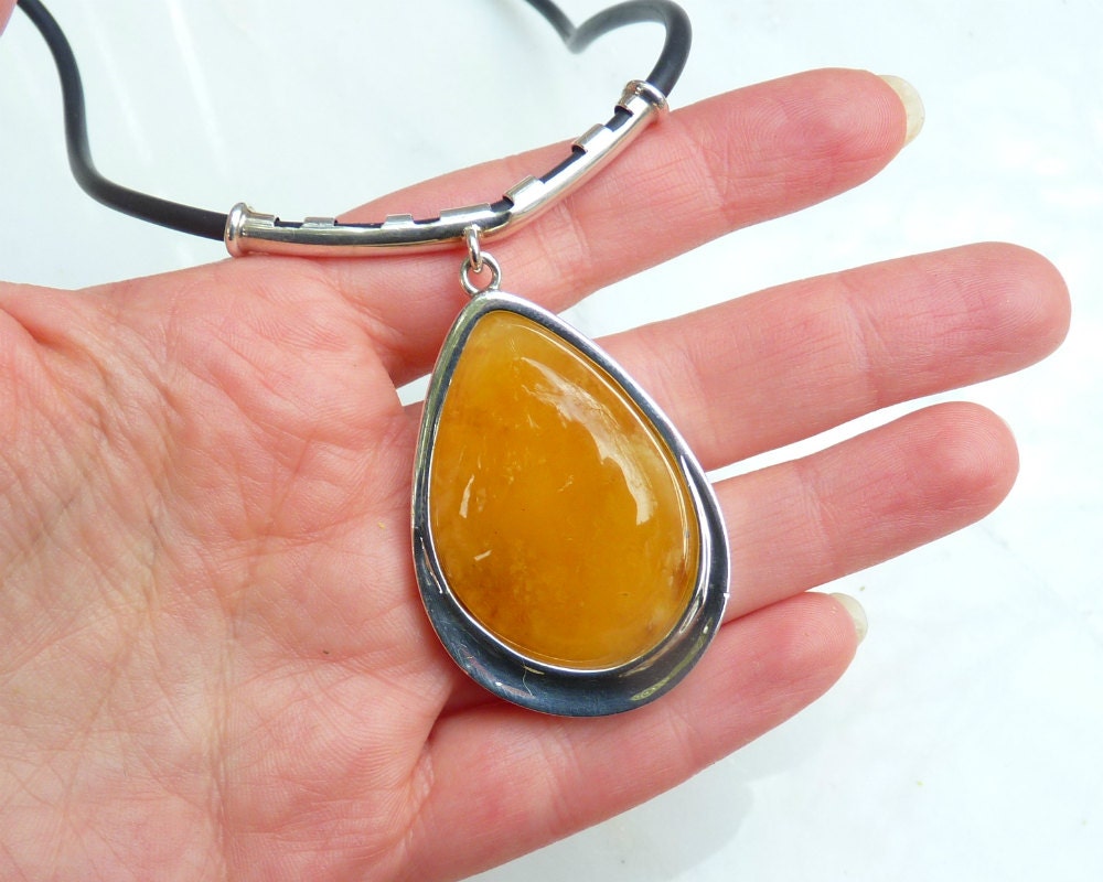 Baltic Amber Choker Necklace Butterscotch Drop on Cord Natural Untreated Pendant Cloudy 19.5" 28.7 gram 925 Silver